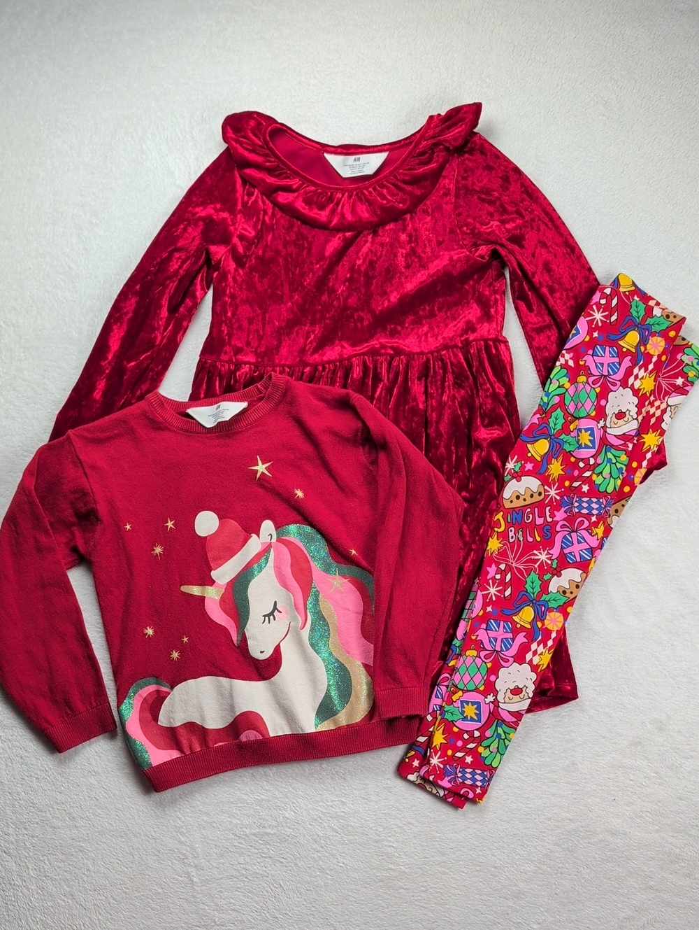 H&M Girls Red Velvet Dress, Red Unicorn Sweatshirt and Next Direct Leggings 6-8